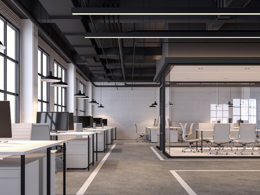 Modern loft style office space with lighting