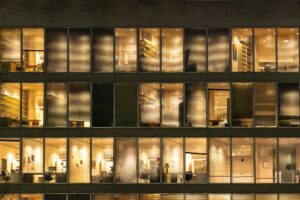 Closeup of illuminated office windows at night