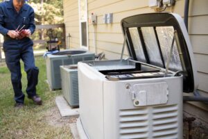 Technician installing and servicing home standby generator 