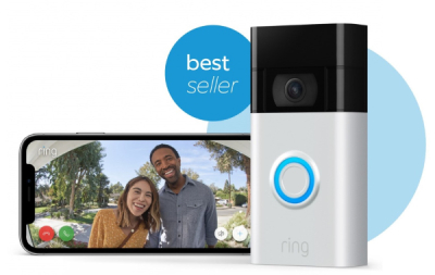 Smiling couple in smartphone camera next to a Ring doorbell.